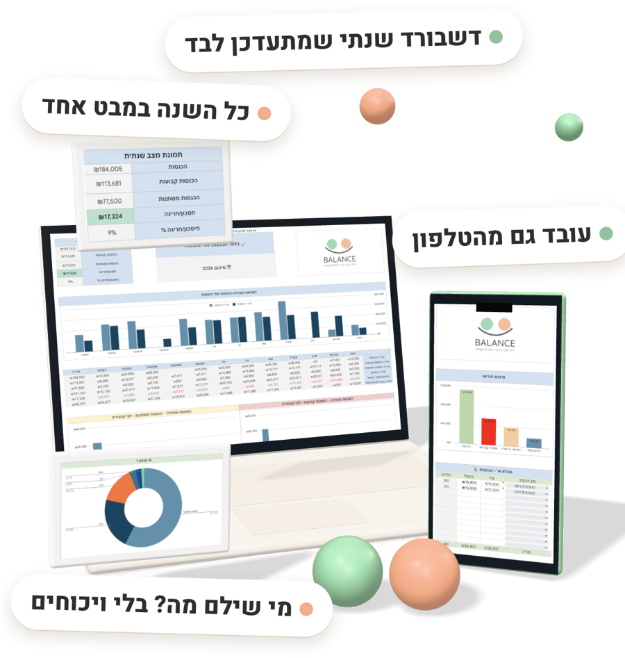 מערכת באלאנס פתוחה במחשב ובטלפון: דשבורד שנתי, תמונת מצב שנתית וגרף מי שילם מה